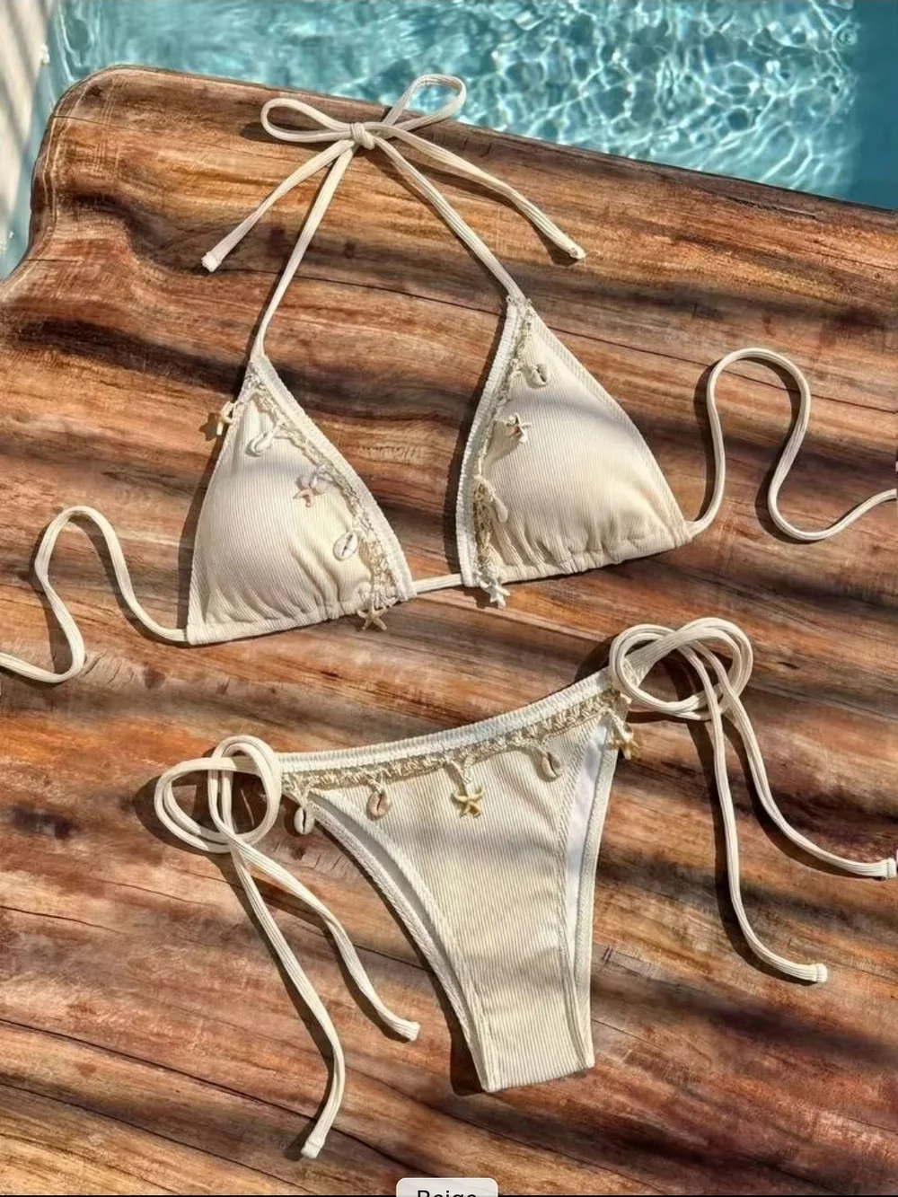 Beachy Shell Themed Cream String Bikini